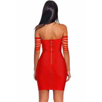 Red Strappy Detail Off Shoulder Bandage Dress Yellow